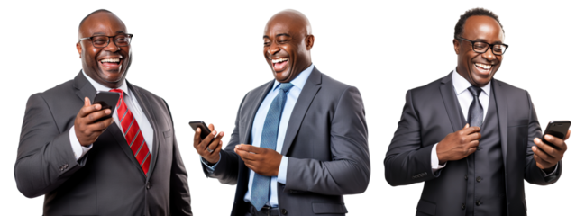 Set of happy African American businessmen with cell phones, cut out
