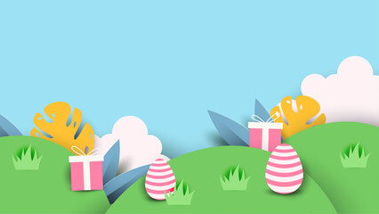 Colorful colourful vector gradient background for easter celebration with egg and flower. Vector easter illustration flyer template