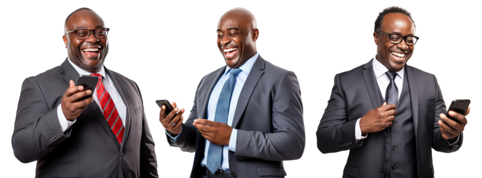 Set of happy African American businessmen with cell phones, cut out