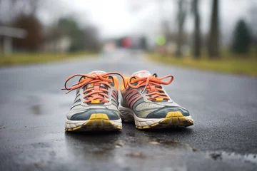 Foto op Plexiglas running shoes on asphalt with visible mileage markers © primopiano