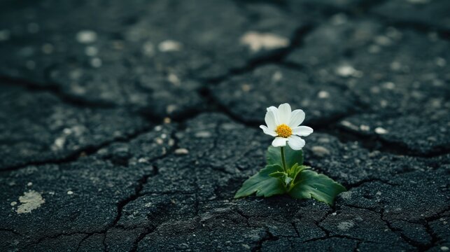 Fototapeta Tiny white flower broke through dry cracked asphalt.