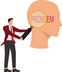 Problem found, Businessman holds a magnifying glass and finds a problem