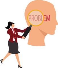 Problem found, Businesswoman holds a magnifying glass and finds a problem