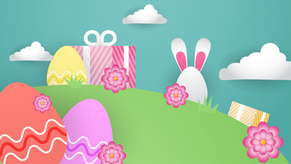 Colorful colourful vector gradient happy easter day background with decorative eggs. Vector easter illustration flyer template