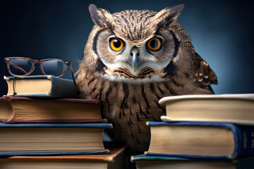 An owl as a professor, wearing glasses and perched on a stack of books