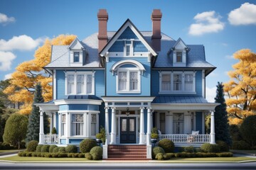 Fototapeta na wymiar Colonial Revival Style Home Design, on an isolated Colonial Blue background, Generative AI