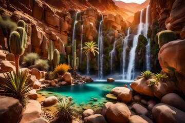 A hidden oasis in the desert, where a cascading waterfall emerges from a rugged cliff face,...
