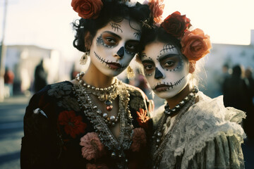 Female twins, 27 years old, Mexican, in traditional dresses at a Day of the Dead celebration