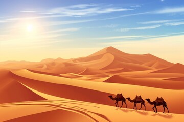Fototapeta na wymiar Three silhouetted figures are riding camels across undulating sand dunes