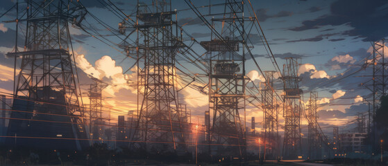 The grid, electrical grid, power grid. An electrical power grid represented by wires and small lamps