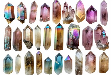 Clipart set collection on a white background of photographs of highly detailed individual pearl iridescent quartz crystal points