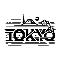 "TOKYO”: A Playful Doodle-Design Hand Lettering Vector, Adorned with Mount Fuji, Trees, and Iconic Japanese Buildings, Ideal for Posters, Stickers, and T-Shirt Designs."