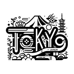 "TOKYO”: A Playful Doodle-Design Hand Lettering Vector, Adorned with Mount Fuji, Trees, and Iconic Japanese Buildings, Ideal for Posters, Stickers, and T-Shirt Designs."