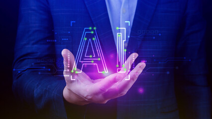 Ai tech, Businessman using virtual graphic Global Internet connect Chatgpt Chat with AI, Artificial...