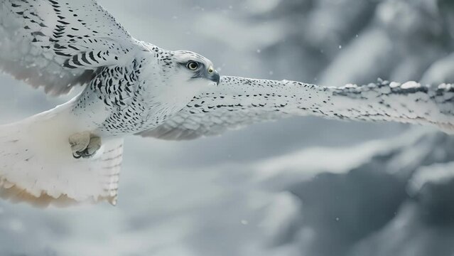 Closeup of a majestic gyrfalcon in midflight its snowwhite feathers ruffled by the wind as it swoops in to catch its target