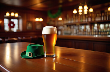 Large mug of beer on a wooden table. Irish pub. st patrick's day concept