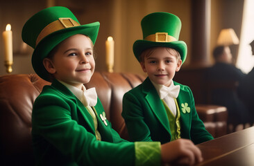children close-up in leprechaun costume. Irish pub. st patrick's day concept
