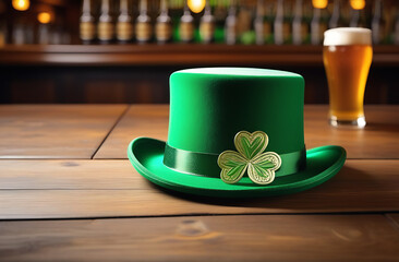 green hat on a wooden table. Irish pub. st patrick's day concept