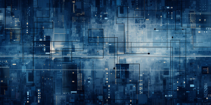abstract digital image showing a city and digital infrastructure, in the style of blueprint, light azure and navy, abstract geometric compositions