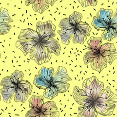 Seamles abstract simple floral pattern black flowers yellow background - 715351006