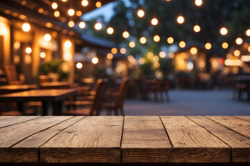 Wooden tabletop in the restaurant. Blurred bokeh lamp night lights restaurant background