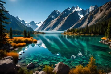 A pristine, crystal-clear lake nestled between towering mountains, reflecting the majestic peaks and vibrant foliage that surround it. 