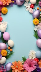 Naklejka na ściany i meble Happy Easter day decoration with colorful eggs, flowers and central copy space on soft blue background. Spring card with painted eggs on light paper surface. Generative AI.