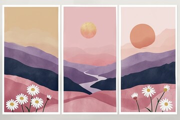 Minimalist abstract colorful clipart print set with mountains, sun, daisies. Softly organic simple lined bold shaped charming tiny core print vector style. Great as web banner, poster design.