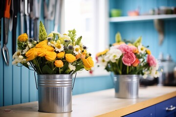 freshly cut flowers in tin buckets