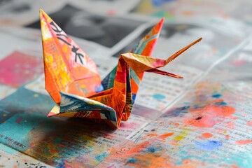 beautifully crafted origami crane made from colorful and patterned paper