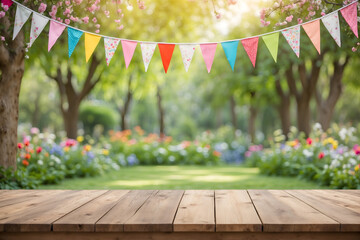 Wooden tabletop with colorful hanging flags and blurred green garden background - obrazy, fototapety, plakaty