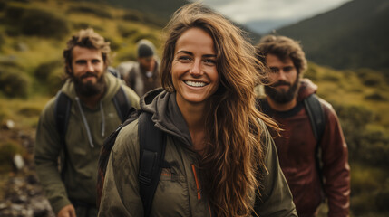 A radiant young woman hiker leads a small group of male hikers on a scenic trail, her smile reflecting the energy and enthusiasm of the adventure.
