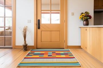 central door with a colorful handwoven doormat