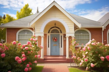 Fototapeta premium colonial home, arched central door, climbing roses, sunny lawn