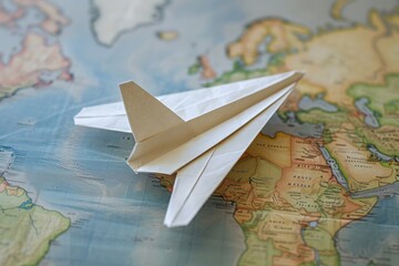 paper airplane placed on world map