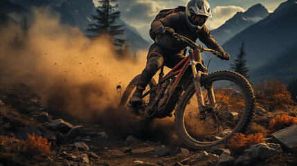 A focused mountain biker fiercely takes on a challenging downhill trail, his bike kicking up a cloud of dust in a rugged mountain setting.
 - obrazy, fototapety, plakaty