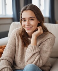 Happy young woman sitting on sofa at home and looking at camera.