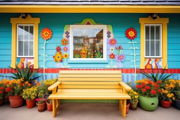Fototapeta na wymiar cottage with a colorful garden and a carved wood bench