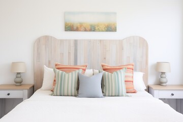 whitewashed wooden headboard in bedroom