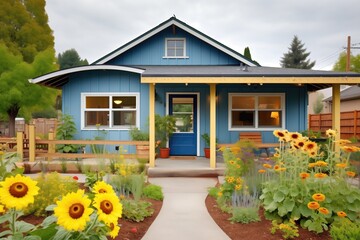 bluepainted cottage with a sunflower garden