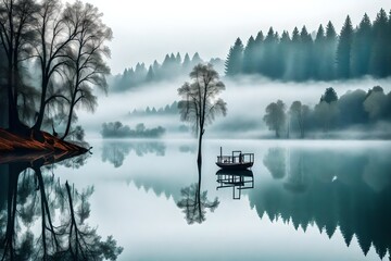 A tranquil, misty morning on a calm lake, where the waters are shrouded in a soft haze. The surrounding trees are reflected on the glass-like surface, creating a surreal and peaceful view. 