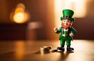 A small toy leprechaun with coins stands on a wooden table. st patrick's day concept