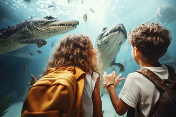 Wandcirkels tuinposter Children amazed by crocodiles at an aquarium at oceanarium © Iona