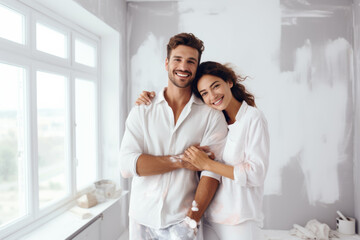 Happy couple painting their new home together