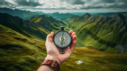 Advanture man compass in hand to navigate  way mountain landscape view