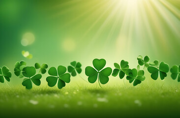 four leaf clover on a green background in sunlight. St. Patrick's day concept. copyspace