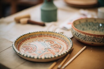 Fototapeta na wymiar decorative clay plates with stamped motifs