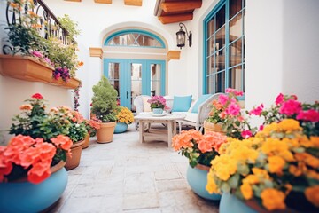 Fototapeta na wymiar bright flowers lining a mediterraneanstyle courtyard