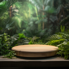 Wooden podium with green round frame in the jungle. 3d render