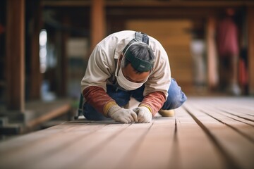 carpenter sanding a rough wooden plank